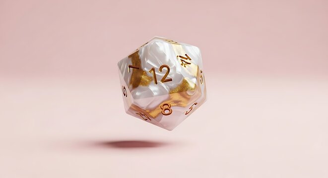 A beautiful 12 sided dice featuring a white marble texture with gold swirls and metallic gold numbers floating against a soft pastel pink background
