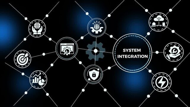 System integration concept with connected digital nodes, unified data flow, secure communication systems and modern technology infrastructure visualization.