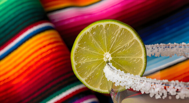 Salt rimmed glass with lime on colorful Mexican serape blanket background