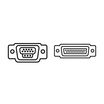 Detailed Line Art Illustration of Two Different Computer Ports, Featuring a VGA Connector and a Parallel Port Connector