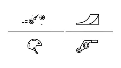 BMX and Skateboarding Icon Set: A collection of simple, black and white line art icons depicting the essence of BMX and skateboarding activities. Perfect for design projects. © AJM