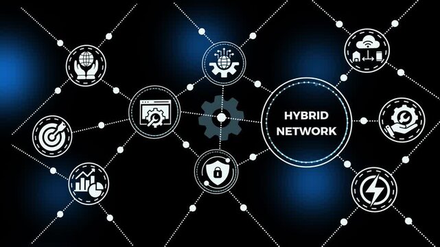 Hybrid network concept with integrated cloud and on-premise systems, connected digital nodes, secure data communication and modern technology infrastructure.