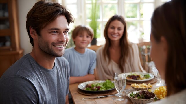 A happy multigene nal family shares a warm sunlit dinner meal together at a wooden dining table