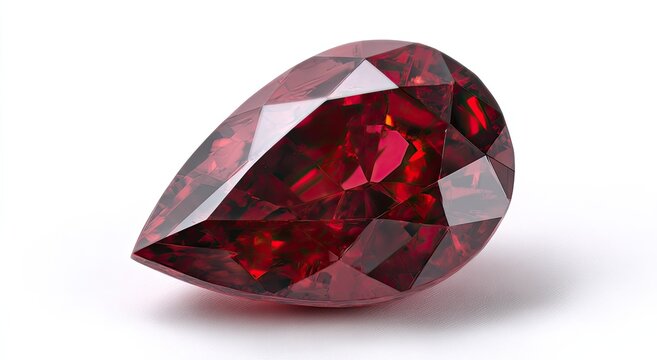 Pear-shaped deep red gemstone with brilliant facet cuts on a white background