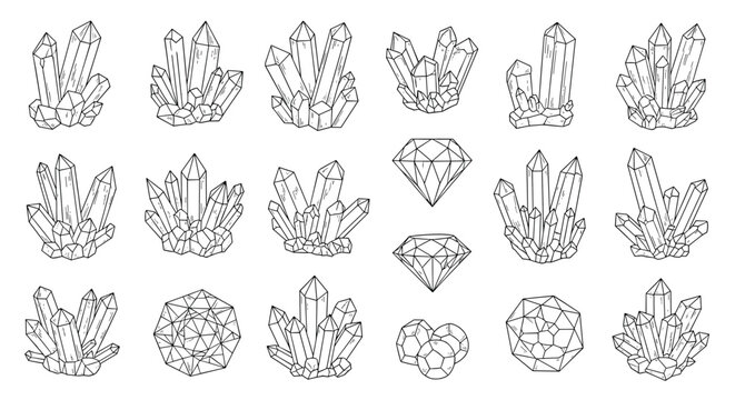 Detailed collection of hand drawn crystal and gemstone sketches features various natural formations and faceted jewels in black and white.