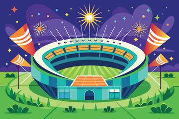 Fototapeta premium A brightly colored stadium scene with fireworks illuminating a nighttime sporting event