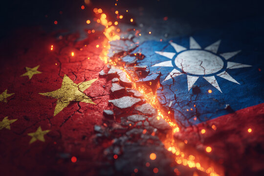 Taiwan and China flags, cracked down the middle, symbolizing conflict. suggesting intense heat and underlying tension. emphasizing the division and implied conflict between the two nations