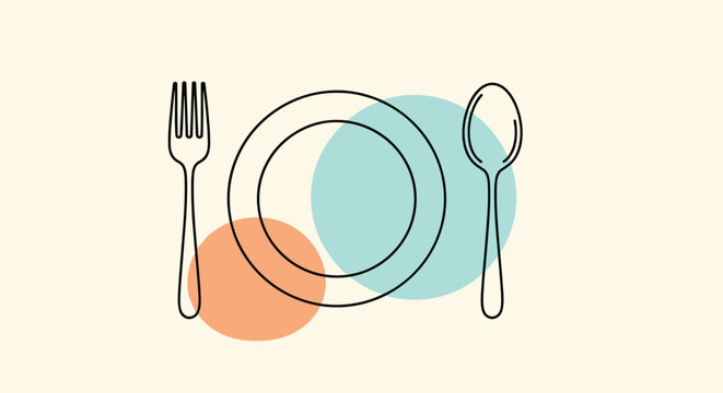 Simple line art illustration of a dinner plate with a fork and spoon on abstract colored circles for restaurant and dining icon.