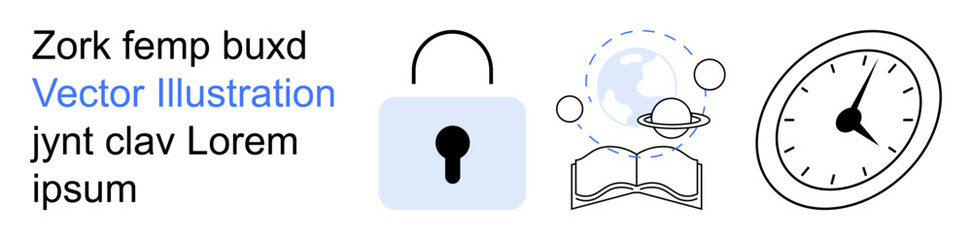 Cybersecurity, education, knowledge sharing, time management, information systems, online security. Lock icon, open book with planet and clock. Cybersecurity and education concept © robu_s
