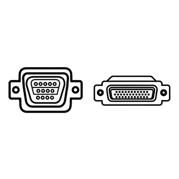 Two computer hardware connectors, a female VGA and a male D-sub connector, depicted in a simple line art style on a white background