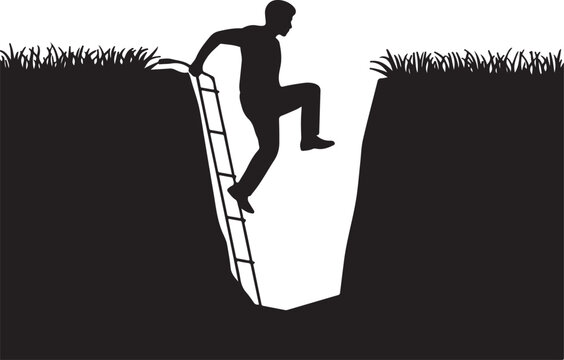 Silhouette of a determined man climbing a ladder out of a deep dark pit with grass on the edges