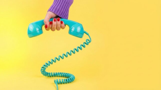 A hand holding a blue telephone receiver with a coiled cord on a yellow background with red nails and purple sleeve
