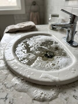 Overflowing Sink Close-Up Clogged Drain Water Problem Bathroom