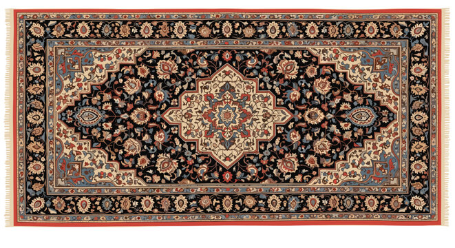 Traditional Persian carpet pattern with intricate floral motifs and central medallion design surrounded by a decorative red border.