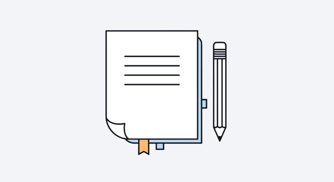 Simple flat illustration of notebook with lined pages and graphite pencil on light gray background for education and writing.