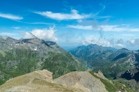 Amazing vew from Tre Croci mountain pass on hiking trail between Rifugio Tazzetti and Rociamellone mountain peak in Graian Alps in Italy