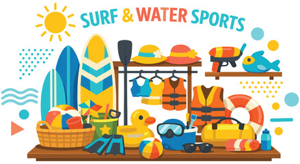 Dynamic surf and water sports illustration features various equipment including surfboards, life jackets, and beach toys for aquatic adventures and fun. © SHUVO