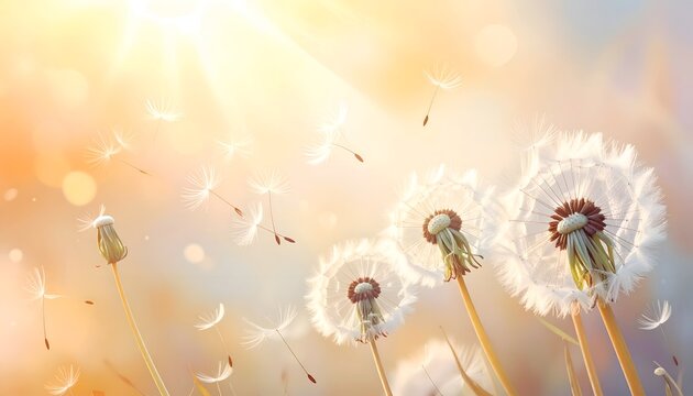 Biji dandelion tertiup angin di bawah sinar matahari