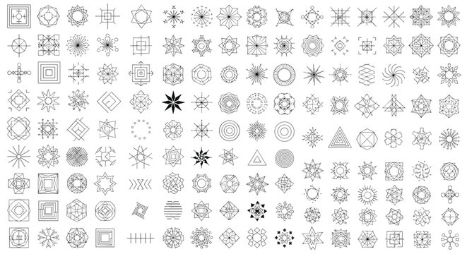 Large grid of numerous abstract geometric symbols and sigils and minimal logos and glyphs in a modern black and white technical style.