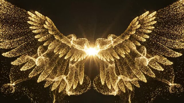 Golden glowing angel wings for commercial backgrounds, digital design, and advertising