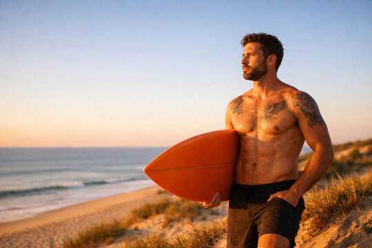 Surfeur sur une plage avec un coucher soleil