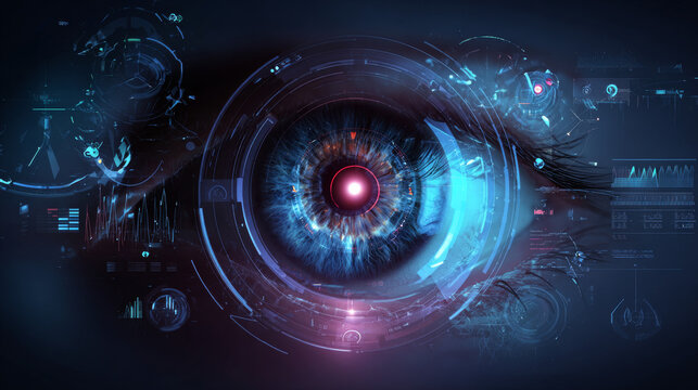 Futuristic robot eye Artificial intelligence abstract future of technology vector design concept. AI technology hologram eye scanning analysis big data, cyber security, radar tracker, survey, graph.