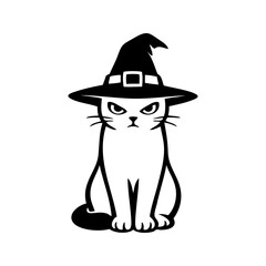 Logotipo con dibujo minimalista con líneas de un gato sentado con expresión enojada y sombrero de bruja para fiestas de Halloween  © teracreonte