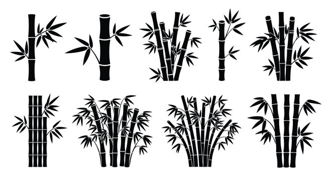 Collection of various black bamboo silhouettes featuring different arrangements of stalks and leaves against a white background.