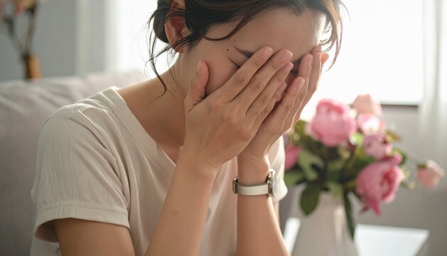 Una joven est&aacute; sentada en su casa con las manos cubri&eacute;ndole el rostro, visiblemente emocionada y abrumada. La suave luz natural y un ramo de rosas rosadas crean un ambiente delicado e &iacute;ntimo.