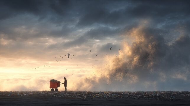 A person pushing a cart filled with trash on a polluted landscape under a dramatic sky. This image depicts the devastating impact of pollution on the environment, highlighting consequences of waste