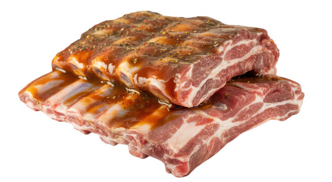 Two stacked racks of raw pork ribs marinated in a brown savory sauce with visible black pepper isolated on a transparent background