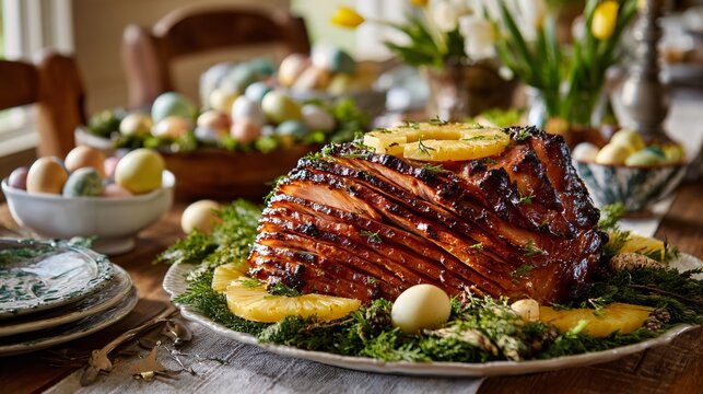A glazed spiral ham centerpiece decorated with pineapple slices and cherries, surrounded by spring greenery and Easter eggs on a farmhouse table