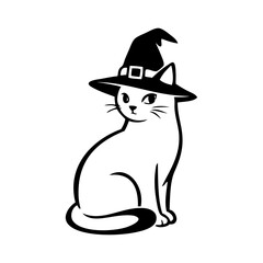 Logotipo con dibujo minimalista con líneas de un gato sentado con sombrero de bruja para fiestas de Halloween  © teracreonte