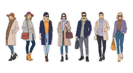 Obraz premium Group of seven stylish men and women wearing trendy winter coats boots and accessories for cold weather fashion.