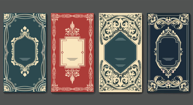 Set of four elegant vintage card templates featuring ornate decorative borders and classic intricate filigree designs.