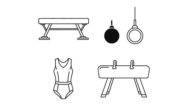 Gymnastic Equipment Illustration: A stylized illustration showcases essential gymnastics apparatus, perfect for showcasing the sport's tools, training, and competition. 