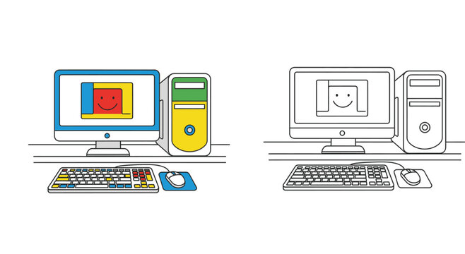 Desktop computer set vector illustration with colored and line art versions for kids education coloring book page and technology concept