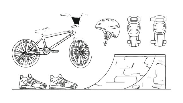 BMX Bike and Gear Line Art: A stylized illustration depicting a BMX bike, protective gear including a helmet and pads, stylish sneakers, and a half-pipe ramp.
