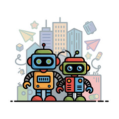 Naklejka premium Two colorful robots standing in front of a city skyline with floating icons and symbols around them