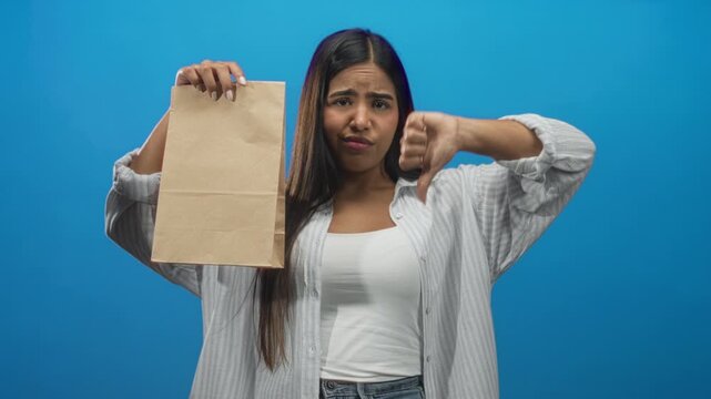 Hispanic woman holding paper bag shows thumbs down gesture in studio; disappointment customer complaint.