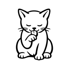 Dibujo minimalista con líneas de un gato visto de frente sentado y acicalándose. Un gato se limpia la pata delantera con la lengua fuera © teracreonte