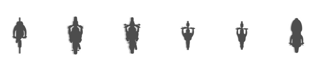 Top View People Riding Bicycles and Motorcycles Silhouette Vector Set, Overhead Perspective Solid Black Cyclists and Motorcyclists for Architectural Plans, Urban Crowd Design, Flat Minimal Style © MkJutt