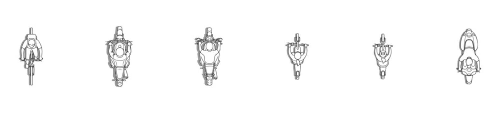Top View People Riding Bicycles and Motorcycles Vector Set, Overhead Perspective Minimalist Cyclists with White Fill for Architectural Site Plans, Urban Mobility Design, Clean Line Art Style