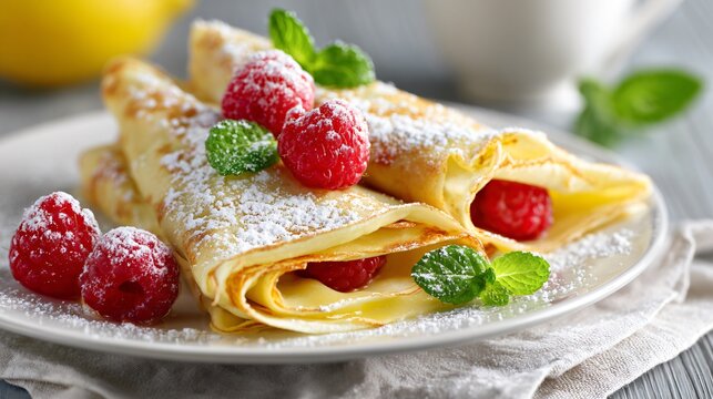 Lemon curd crepes folded delicately and dusted with powdered sugar, served with raspberries and mint leaves in bright spring light
