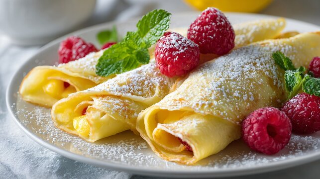 Lemon curd crepes folded delicately and dusted with powdered sugar, served with raspberries and mint leaves in bright spring light