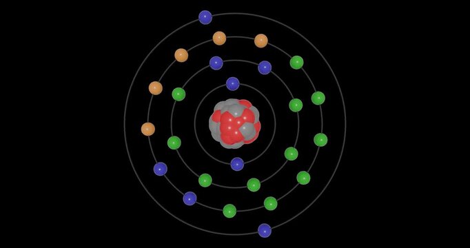 3D animation of Manganese (Mn) atom in the Bohr model with electron orbits, nucleus, protons and neutrons, energy levels in seamless loop on transparent background. Ideal for STEM education visuals