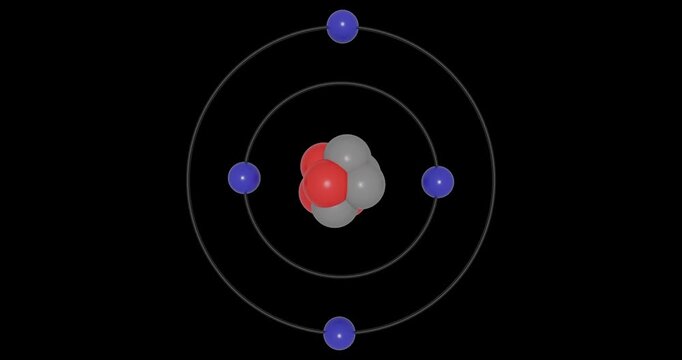 3D animation of Beryllium (Be; Z=4) atom in the Bohr model with electron orbits, nucleus, protons, neutrons, energy levels in seamless loop on transparent background. Ideal for STEM education visuals