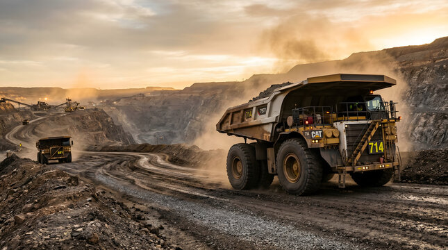 Trucks hauling ore at mining site