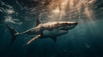 Naklejka premium Shark under sunlight rays underwater. 