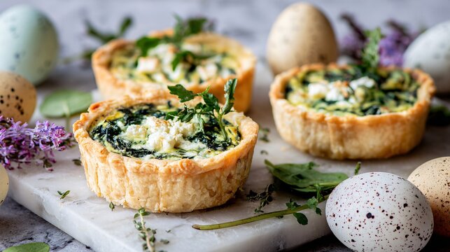 Mini spinach and feta quiches with flaky crusts displayed on a marble slab surrounded by fresh herbs and speckled Easter eggs in soft neutral lighting